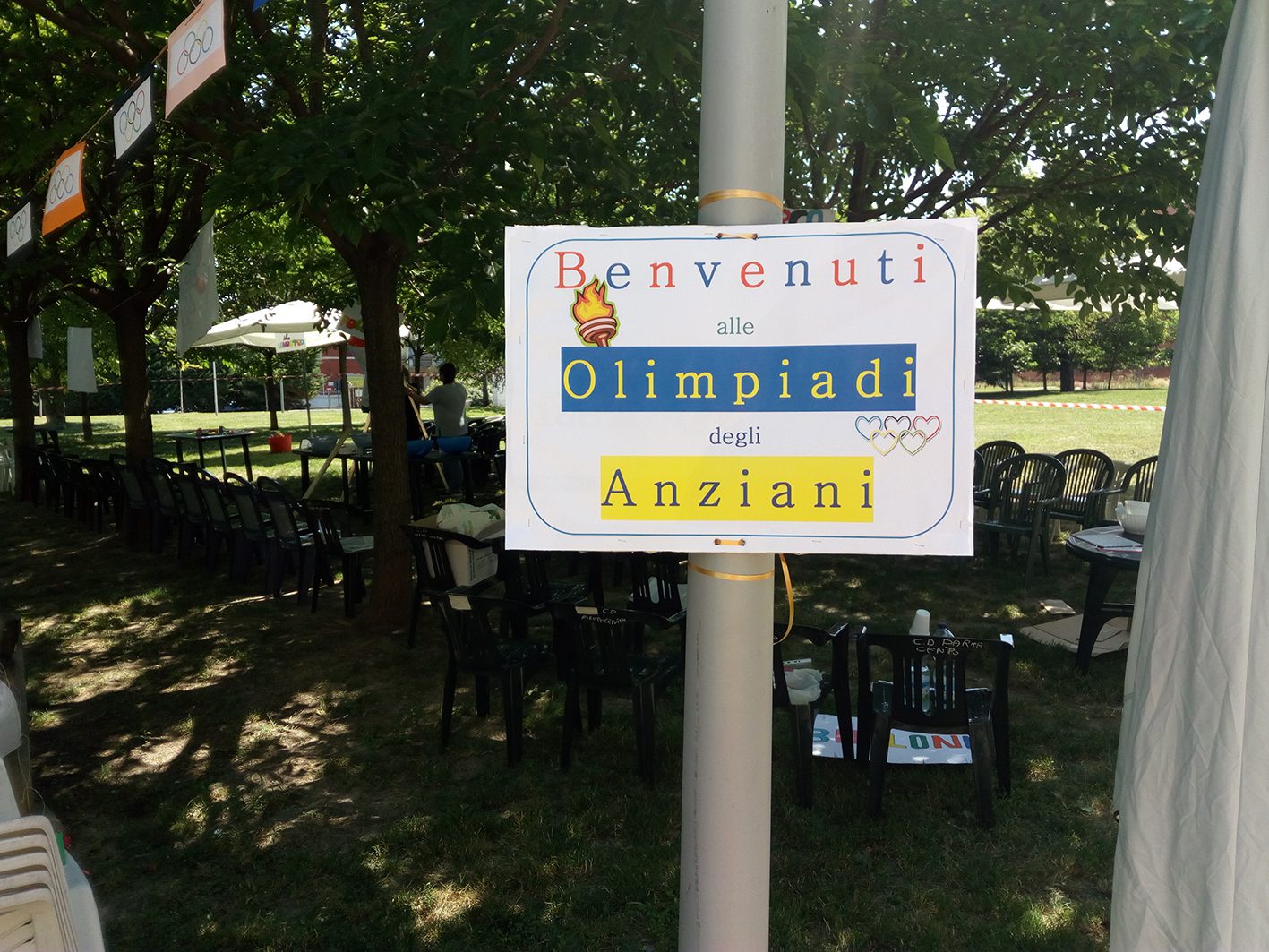 Un'immagine che ritrae prato, ombra, pubblicità, bandiera e parco.