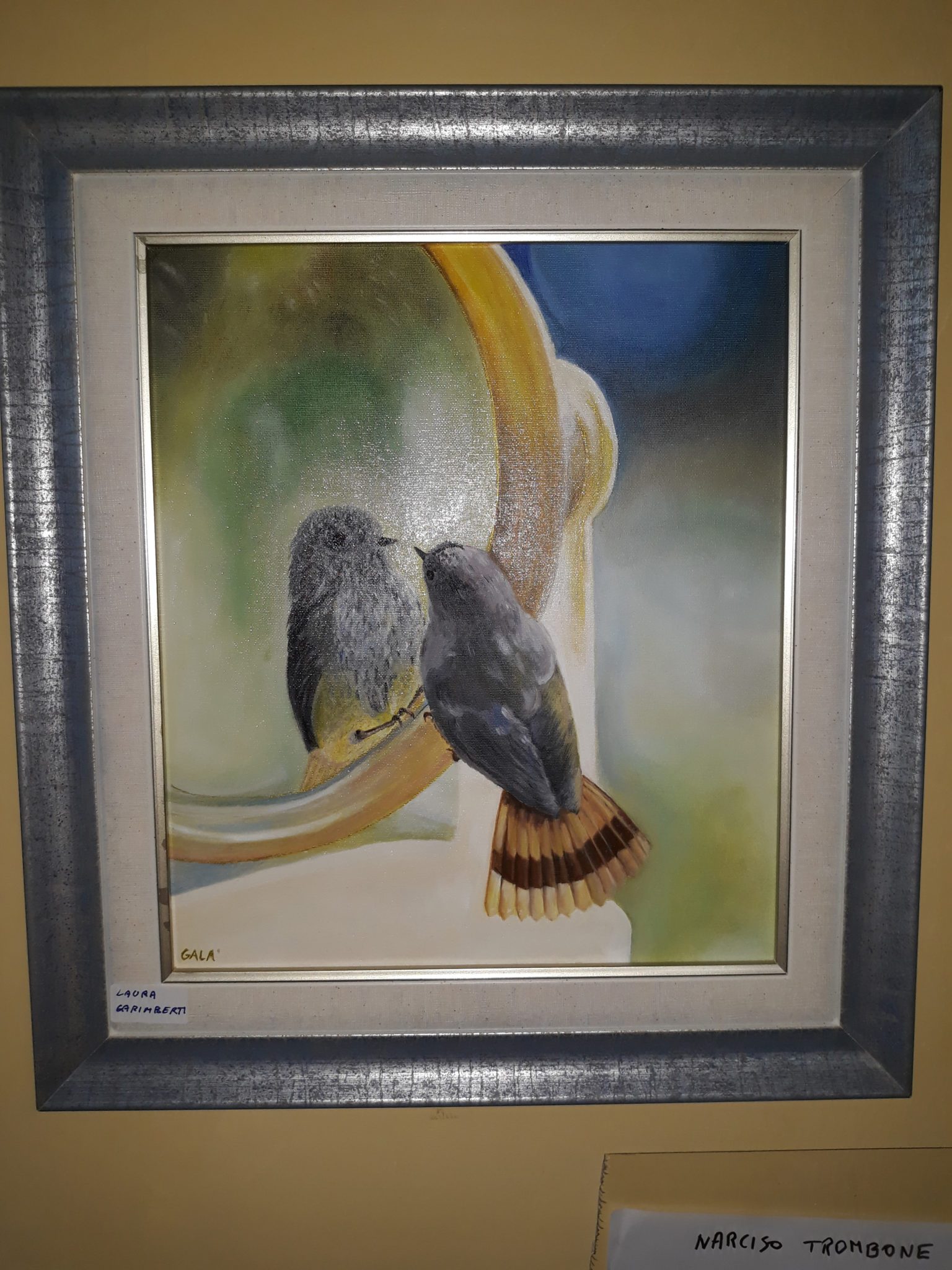 Un'immagine che ritrae uccello, cornice, pittura, becco e piuma.
